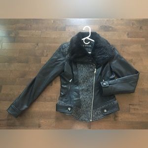 Black GUESS Faux Leather Jacket w Faux Fur Trim